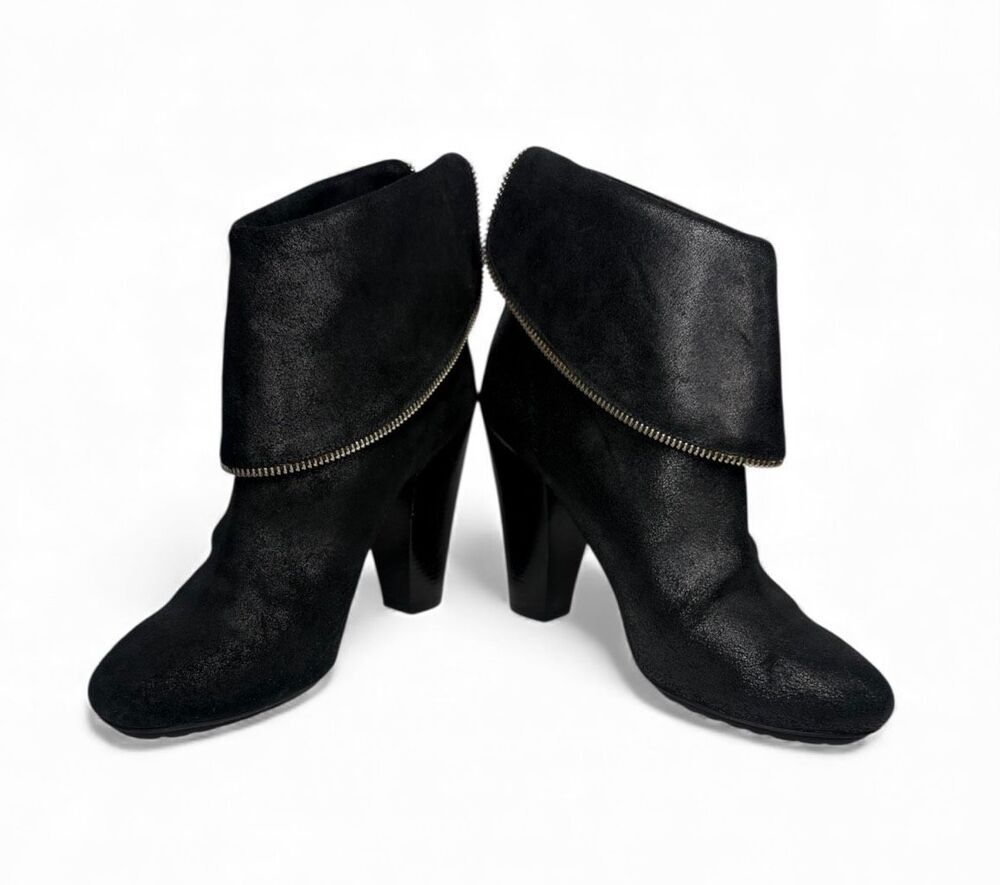 Michael Kors Black Leather Fold-Over Ankle Booties Zip Heel Women 9